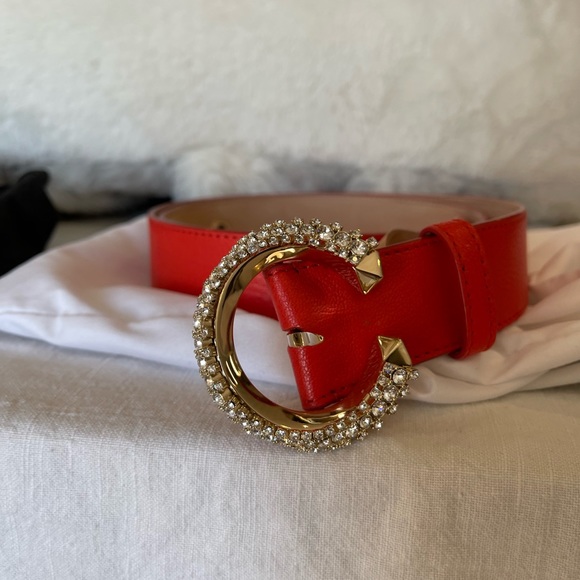 Jimmy Choo Madeline belt in mandarin red with crystals. 1.5 in wide size 85 NEW - Picture 2 of 7
